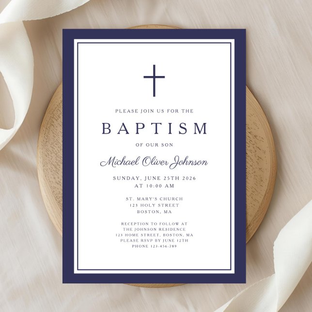 Convite Elegant Navy Blue Cross Boy Baptism (Elegant Navy Blue Cross Boy Baptism Invitation)