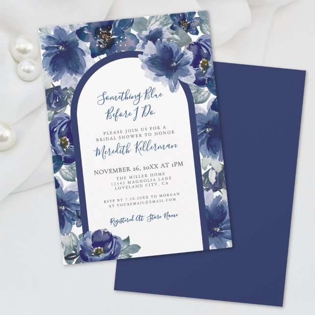 Convite Elegant Navy Blue Floral Bridal Shower (Elegant Watercolor Navy Blue Floral Bridal Shower Invitation)