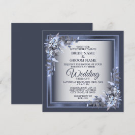 Convite Elegant Navy Blue Floral Framed Silver Wedding