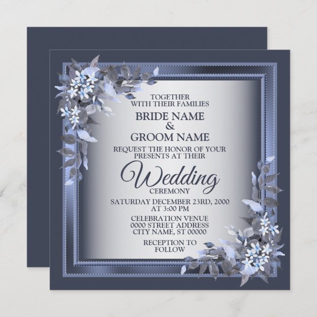 Convite Elegant Navy Blue Floral Framed Silver Wedding (Frente/Verso)