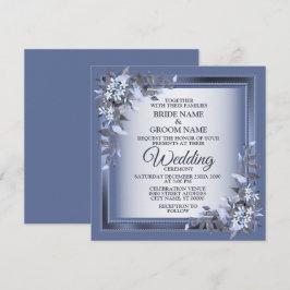 Convite Elegant Navy Blue Floral Framed Silver Wedding