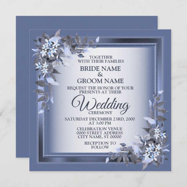 Convite Elegant Navy Blue Floral Framed Silver Wedding (Frente/Verso)