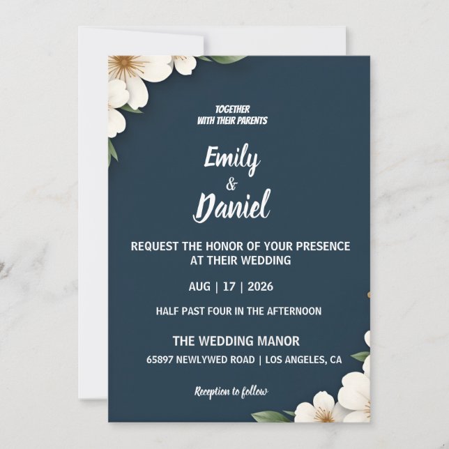 Convite Elegant Navy Blue Floral Wedding Invitation (Frente)
