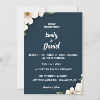 Convite Elegant Navy Blue Floral Wedding Invitation