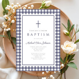 Convite Elegant Navy Blue Gingham Boy Baptism