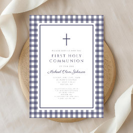 Convite Elegant Navy Blue Gingham Boy First Communion