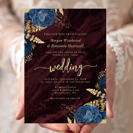Convite Elegant Navy Blue Gold Floral Burgundy Wedding