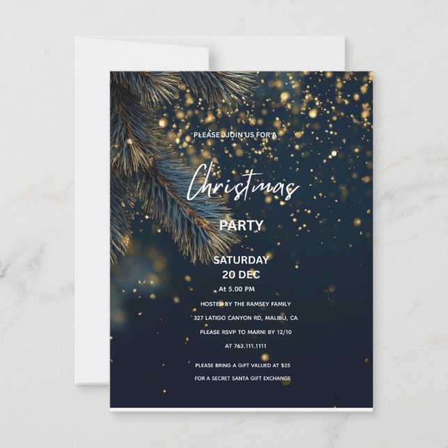 Convite Elegant Navy Blue & Gold Glitter Party Christmas (Frente)