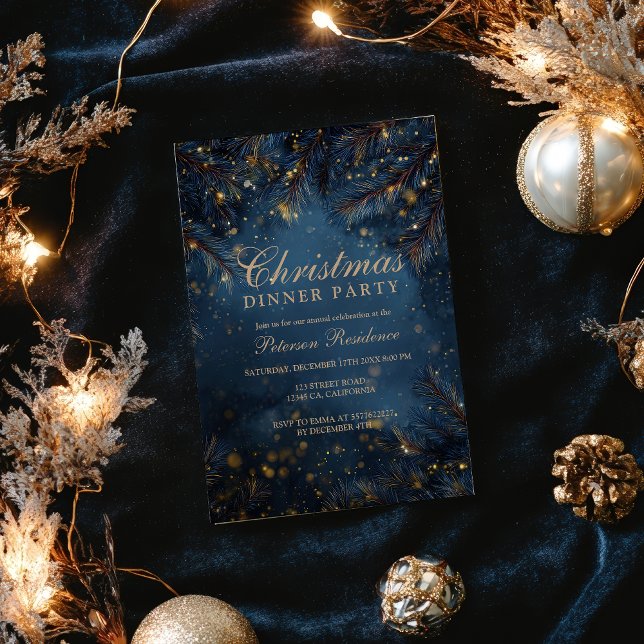 Convite Elegant Navy Blue Gold Lights Pine Party Christmas (Elegant Navy Blue Gold Lights Pine Party Christmas Invitation)
