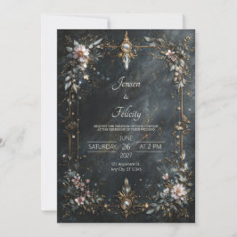 Convite Elegant Navy Blue Gold Pink Floral Night Wedding