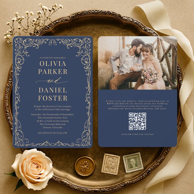 Convite Elegant Navy Blue Gold QR Code Photo Wedding (Criador carregado)