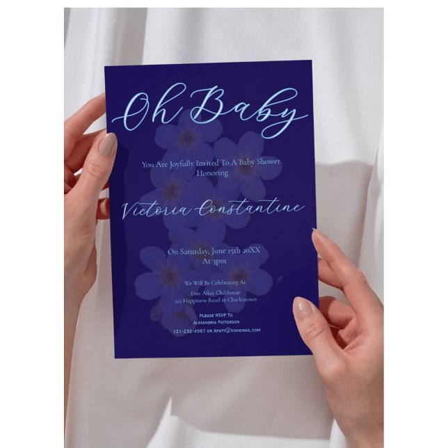 Convite Elegant Navy Blue Oh Baby Script Floral Photo (Criador carregado)