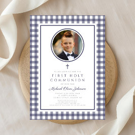 Convite Elegant Navy Blue Photo Boy First Communion