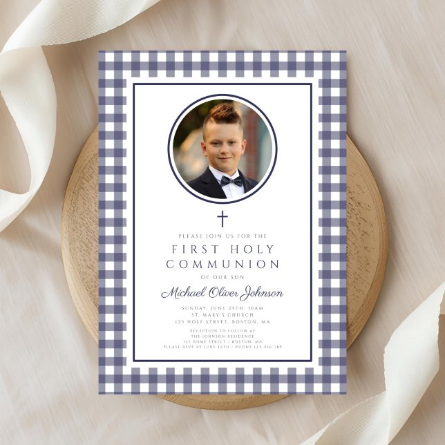Convite Elegant Navy Blue Photo Boy First Communion (Elegant Navy Blue Photo Boy First Communion Invitation)