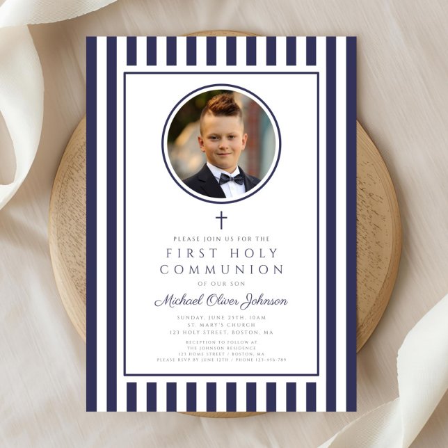 Convite Elegant Navy Blue Photo Boy First Communion (Elegant Navy Blue Photo Boy First Communion Invitation)