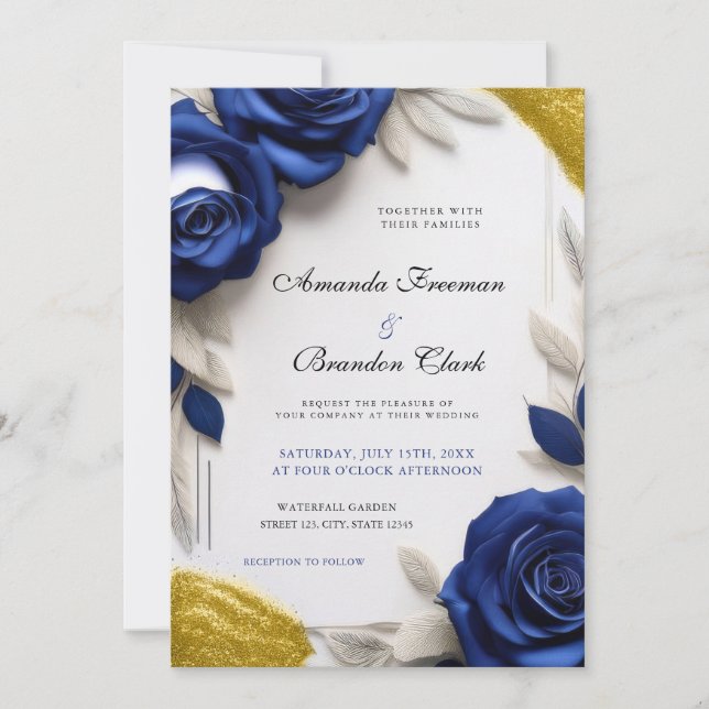 Convite Elegant Navy Blue Roses & Gold Glitter Wedding (Frente)