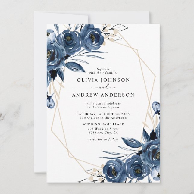 Convite Elegant Navy Blue Silver Geometric Floral Wedding (Frente)