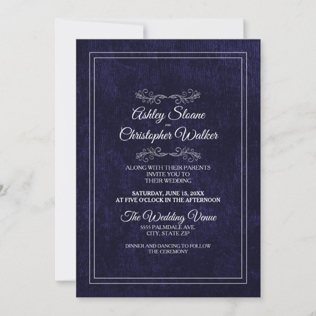 Convite Elegant Navy Blue Velvet White Monogram Wedding (Frente)