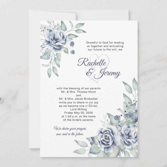 Convite Elegant Navy Blue Watercolor Floral Wedding (Frente)