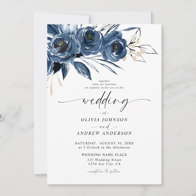 Convite Elegant Navy Blue Watercolor Floral Wedding (Frente)