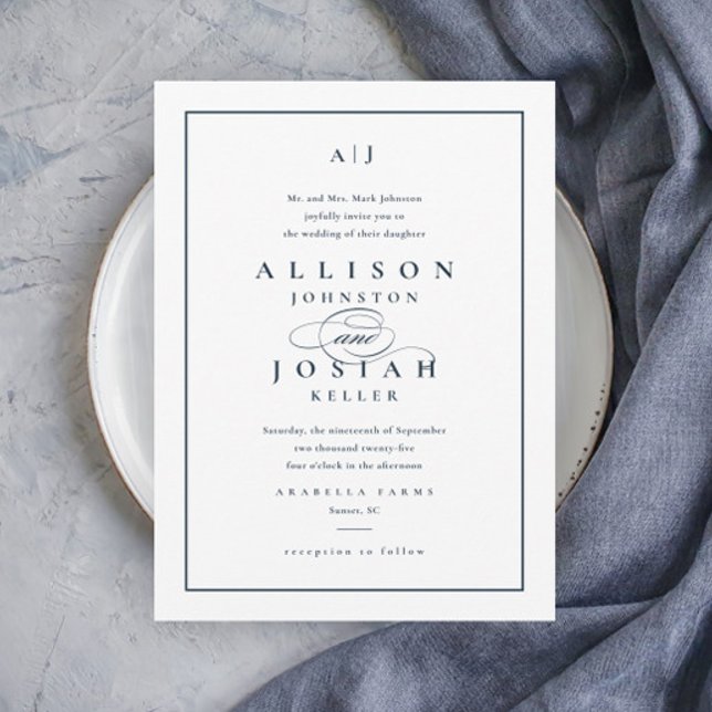 Convite Elegant Navy Blue Wedding Invitation (Criador carregado)