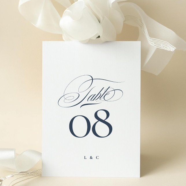 Convite Elegant Navy Blue White Wedding 5 x 7 Table Number (Criador carregado)