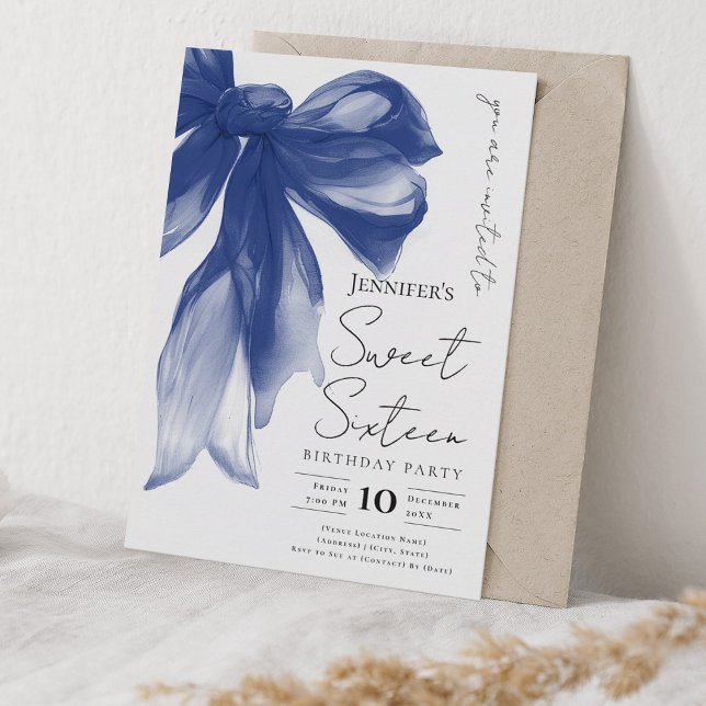 Convite Elegant Navy Bow Coquette Script Sweet 16 Party  (Elegant Navy Bow Coquette Script Sweet 16 Party Invitation)