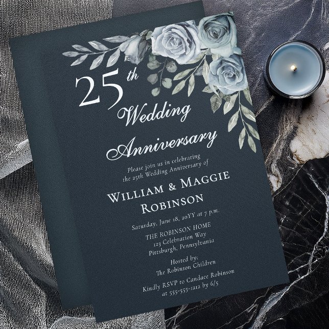 Convite Elegant Navy Floral 25th Wedding Anniversary (Elegant navy floral 25th anniversary invitation with romantic watercolor roses)