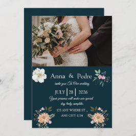 Convite Elegant Navy Floral Photo Wedding Invitation 