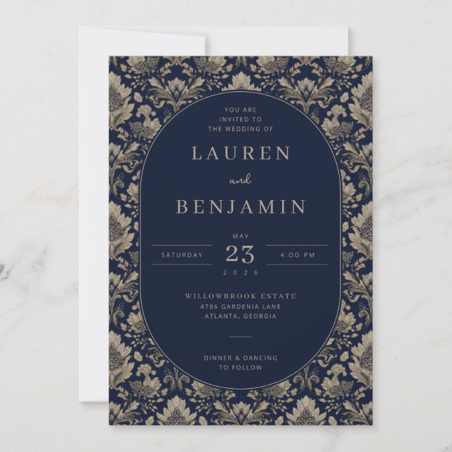 Convite Elegant Navy Floral Wedding Invitation (Frente)