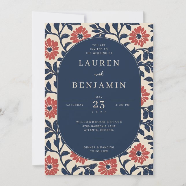 Convite Elegant Navy Floral Wedding Invitation (Frente)