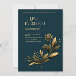 Convite Elegant Navy Gold Botanical Wedding