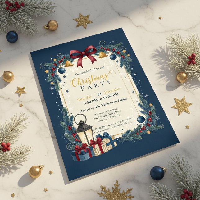 Convite Elegant Navy Gold Christmas Party (Vintage Lantern Design
Blue Christmas Card
Holiday Bells Invitation)