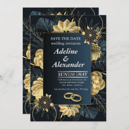 Convite Elegant Navy Gold Floral Wedding Invitation