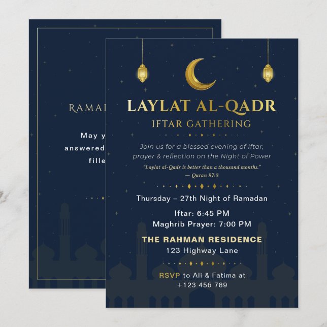 Convite Elegant Navy & Gold Laylat al-Qadr Iftar Gathering (Frente/Verso)