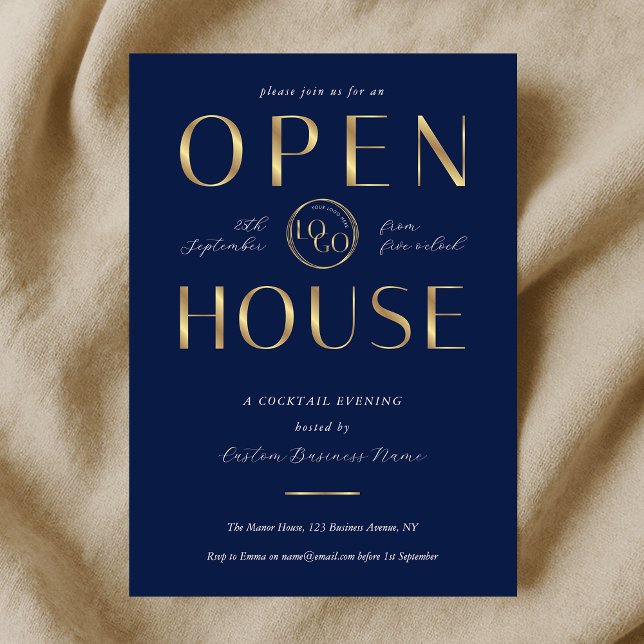 Convite Elegant Navy & Gold Logo Business Open House (Criador carregado)