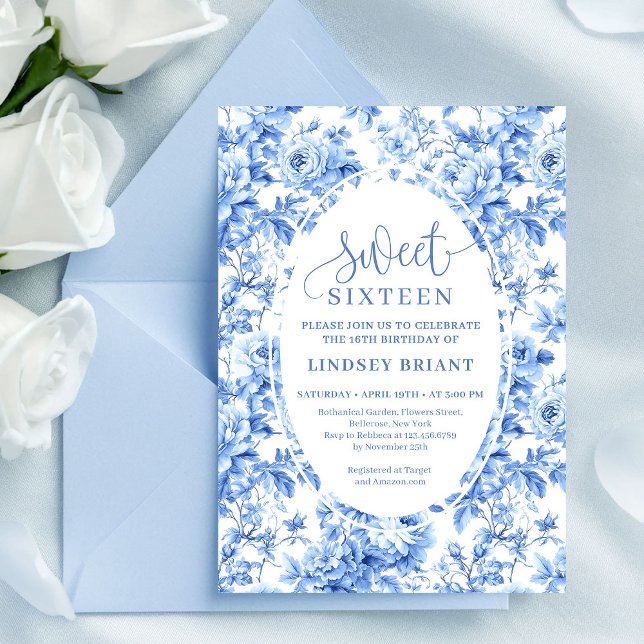 Convite Elegant Navy Roses Digital 16th Birthday Invite (Elegant Navy Roses Digital 16th Birthday Invite)