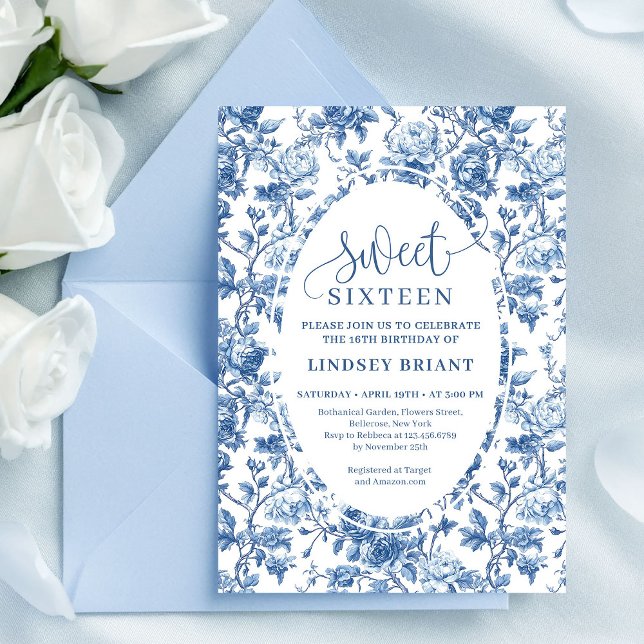 Convite Elegant Navy Roses Digital Floral Sweet Sixteen (French toile de jouy flowers,
Luxurious navy roses 16TH birthday,
dusty Blue flowers botanical garde)