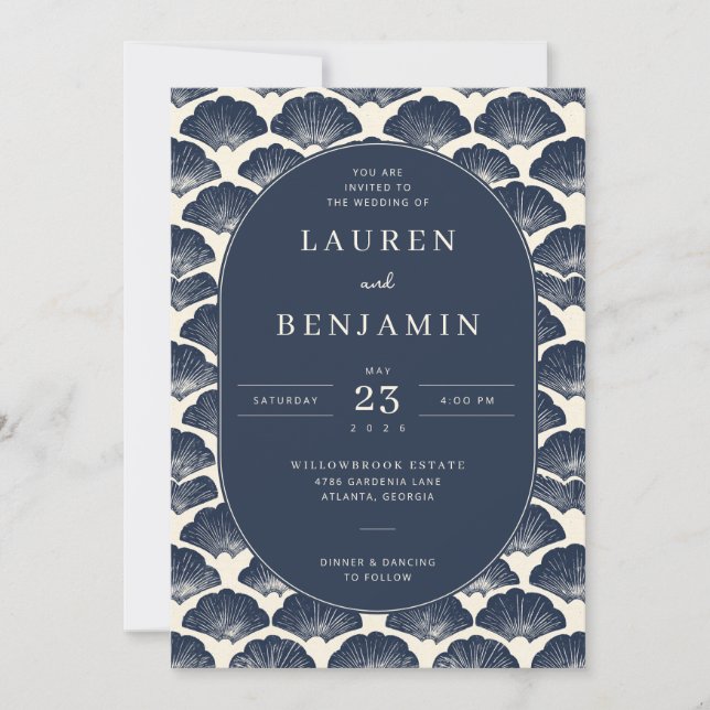 Convite Elegant Navy Seashell Wedding Invitation (Frente)