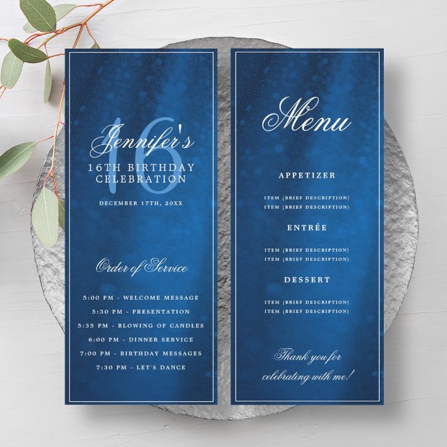 Convite Elegant Navy Sparkle 16th Birthday Program Menu (Elegant Navy Sparkle 16th Birthday Program Menu)
