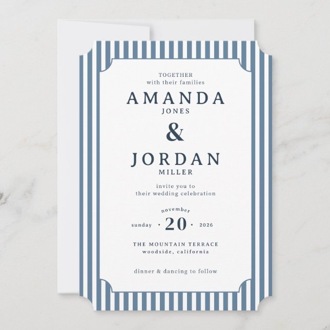 Convite Elegant Navy Striped Wedding Invitation (Frente)
