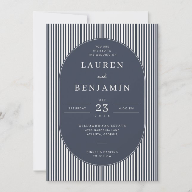 Convite Elegant Navy Striped Wedding Invitation (Frente)
