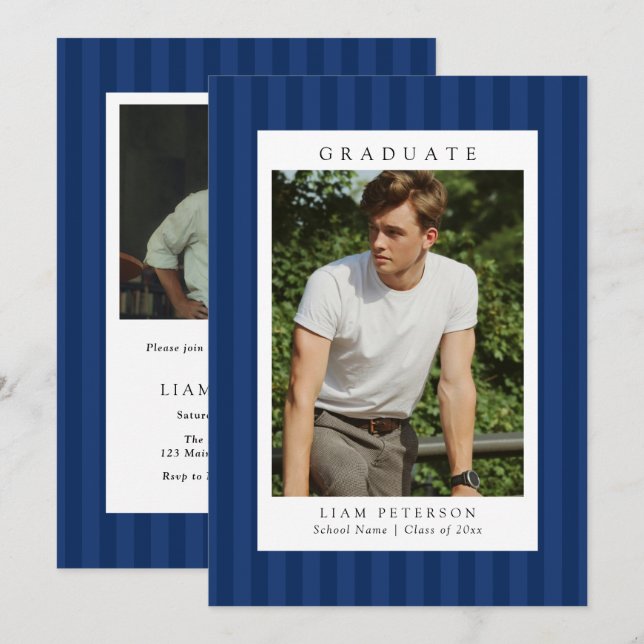 Convite Elegant Navy Stripes 2 Photo Graduation Party (Frente/Verso)