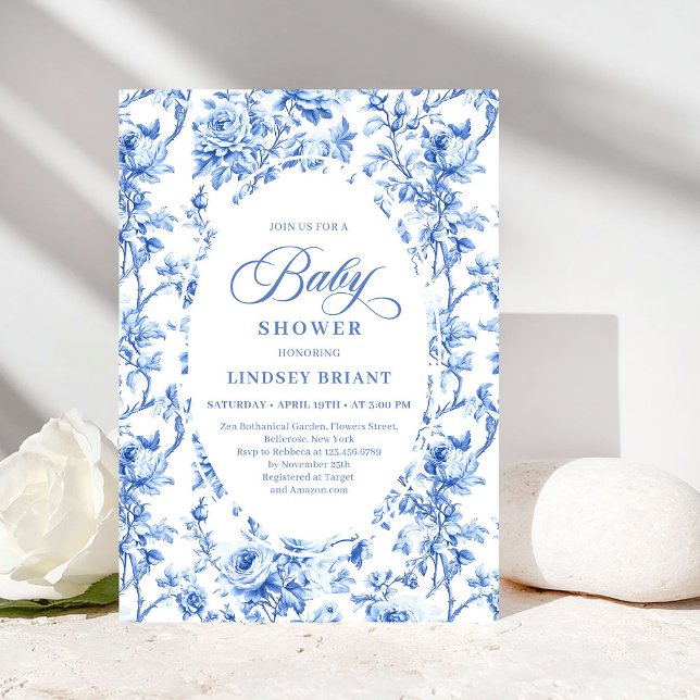 Convite Elegant Navy Toile de Jouy Rose Baby Shower Invite (Luxury Navy Blue Toile Rose Baby Shower Invitation)