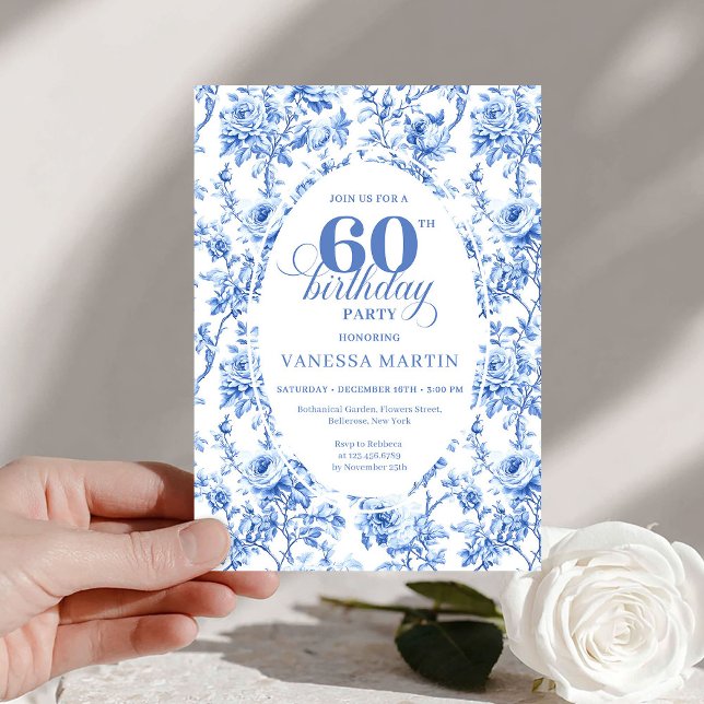 Convite Elegant Navy Toile Roses 60th Birthday Invite Digi (Elegant Navy Toile Roses 60th Birthday Invite Digital

)