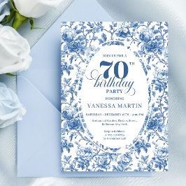 Convite Elegant navy toile roses seventieth birthday party