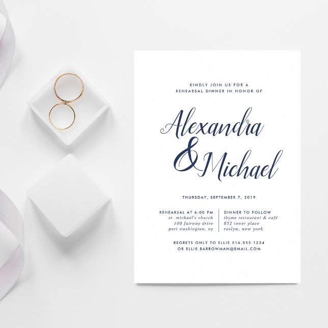 Convite Elegant Navy & White Calligraphy Rehearsal Dinner (Criador carregado)