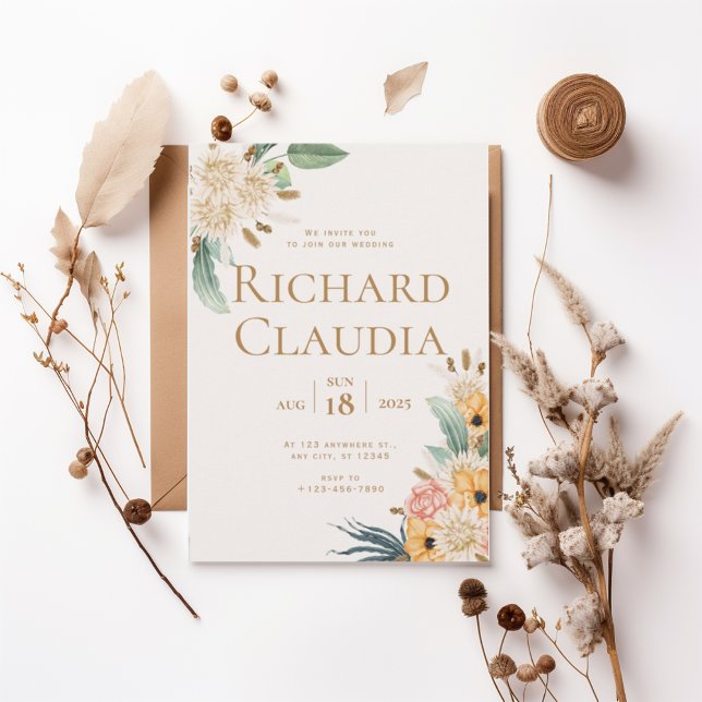 Convite Elegant Neutral Floral Wedding Invitation (Criador carregado)