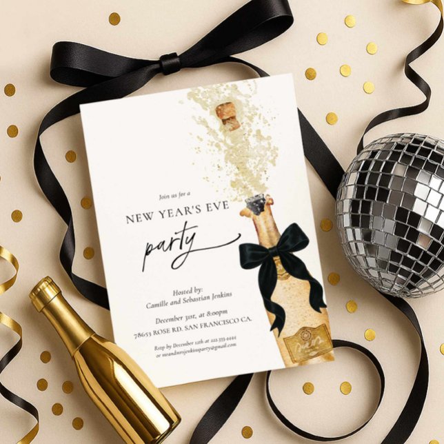 Convite Elegant New Years Eve Party Invitation (New Year's Eve Party Invitation - Gold Champagne Bottle with Black Bow)