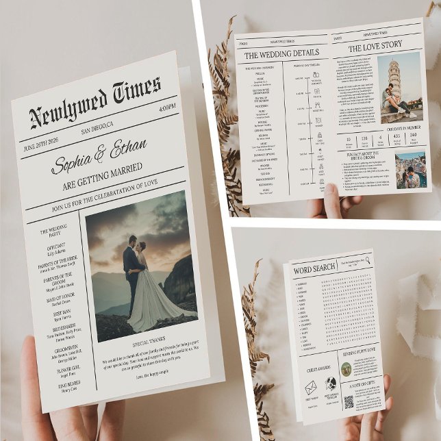 Convite Elegant Newspaper Details Timeline Wedding (Criador carregado)